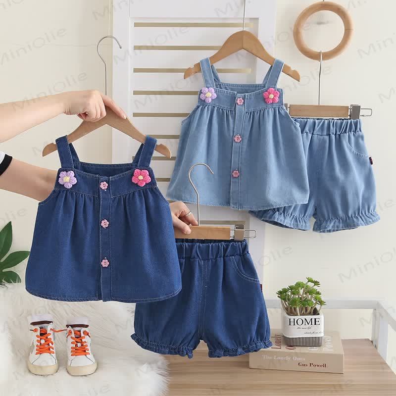 Toddler Baby Girl Navy Floral Denim Cami and Shorts 2-piece Set - image 1