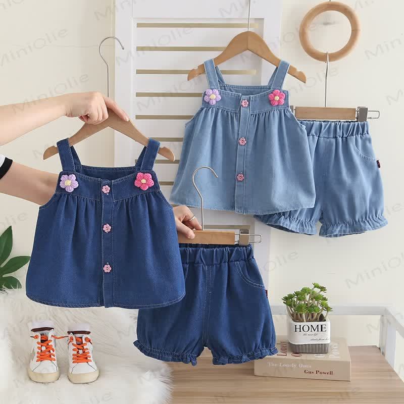 Toddler Baby Girl Navy Floral Denim Cami and Shorts 2-piece Set - image 1