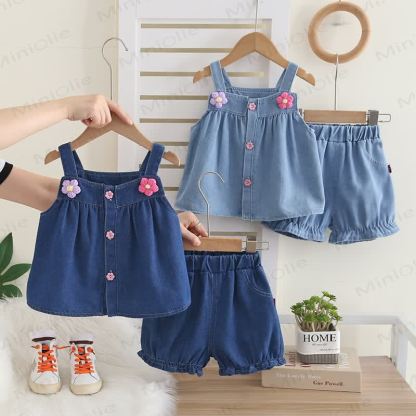 Toddler Baby Girl Navy Floral Denim Cami and Shorts 2-piece Set - image 1