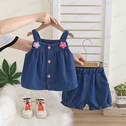 Toddler Baby Girl Navy Floral Denim Cami and Shorts 2-piece Set - Navy - 4-5T - image 2