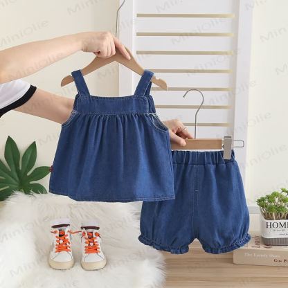 Toddler Baby Girl Navy Floral Denim Cami and Shorts 2-piece Set - image 3