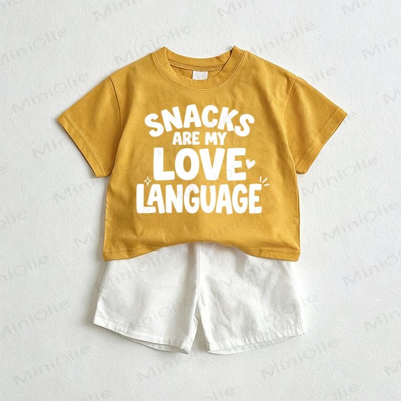 SNACKS ARE MY LOVE LANGUAGE Baby Slogan Tee and Shorts 2-Piece Set - Yellow&White - 3-5T - image 1