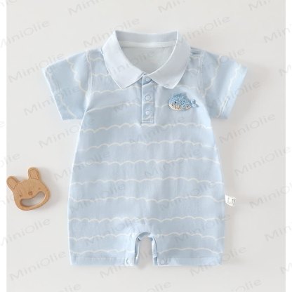 Baby Cotton Short Sleeve Polo Romper - Blue Water Ripple - 18-24M - image 4