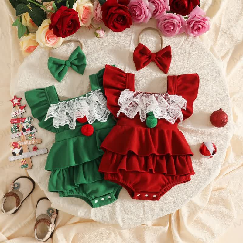 Baby Girl Velvet Lace Ruffle PompomBodysuit - image 1