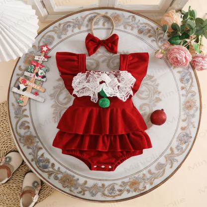 Baby Girl Velvet Lace Ruffle PompomBodysuit - Red - 12-18M - image 3