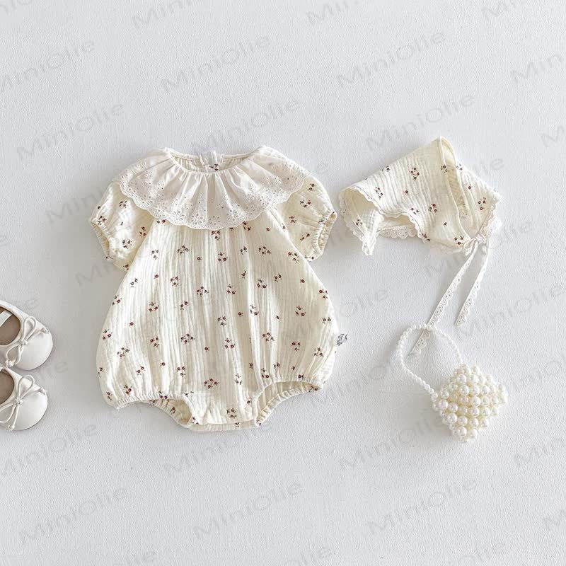Baby Vintage Floral Ruffle Collar Bodysuit with Hat - image 4