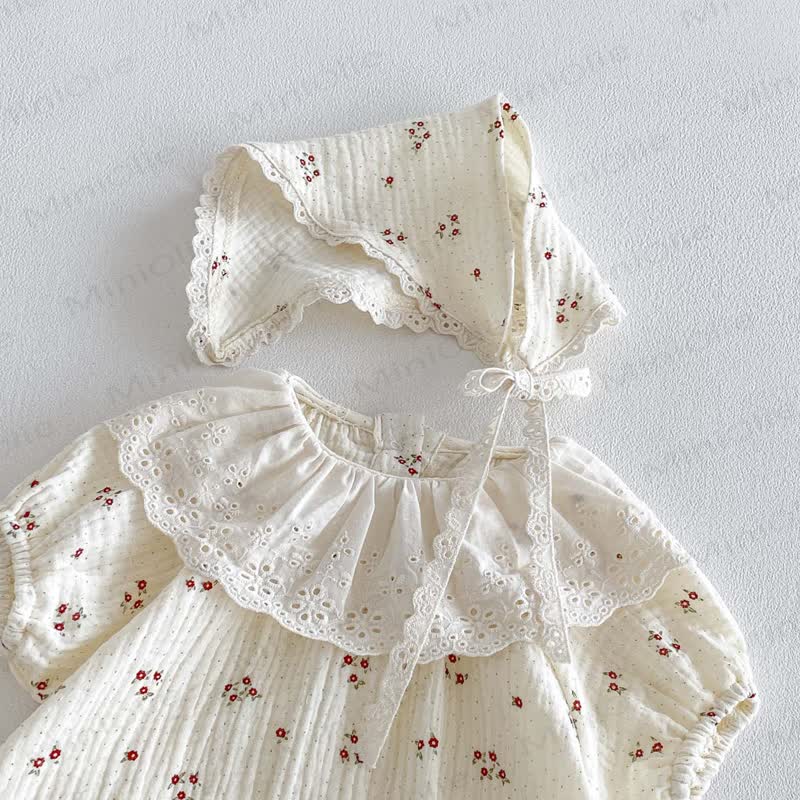 Baby Vintage Floral Ruffle Collar Bodysuit with Hat - image 8