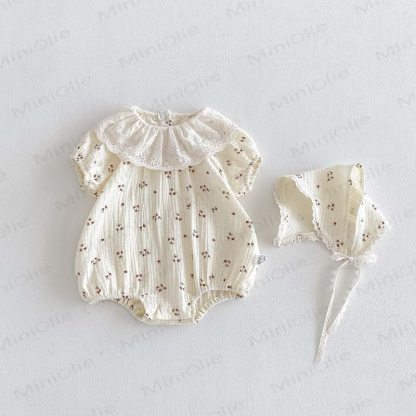 Baby Vintage Floral Ruffle Collar Bodysuit with Hat - image 5