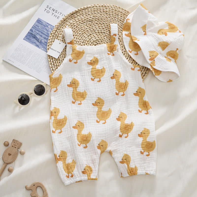 Baby Duck Print White Romper with Hat - image 2