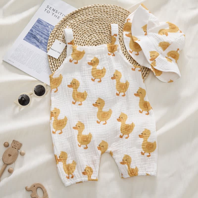 Baby Duck Print White Romper with Hat - image 2