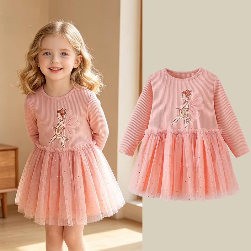 Toddler Girl Pink Dancing Princess Print Long Sleeve Tulle Dress - image 1