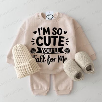 I'M SO CUTE YOU'LL FALL FOR ME Baby Beige Sweatshirt 2-piece Set - Beige - 2-3T - image 1