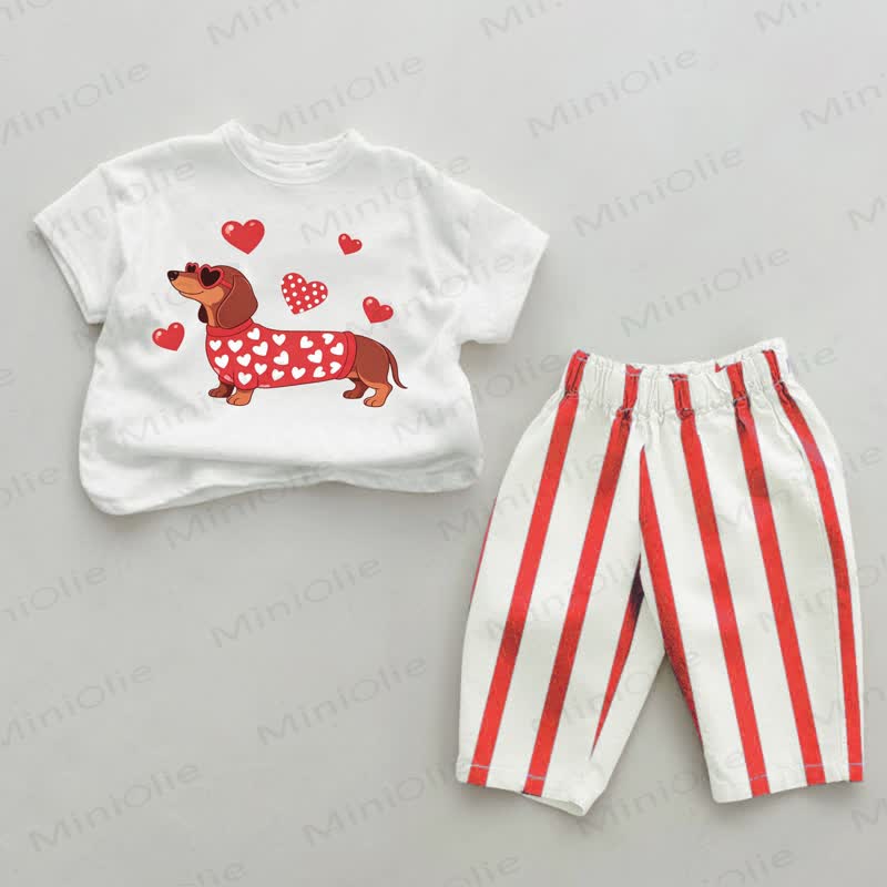 Baby Heart Dachshund Print Red Vertical Striped 2-piece Set - White&Red - 4-5T - image 1