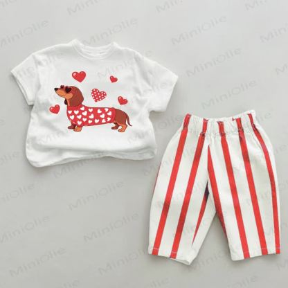 Baby Heart Dachshund Print Red Vertical Striped 2-piece Set - White&Red - 4-5T - image 1