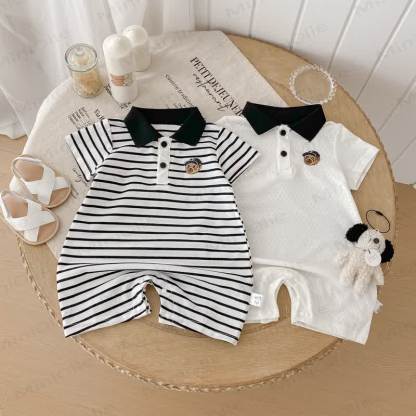 Baby Polo Collar Bear Striped Romper - image 15