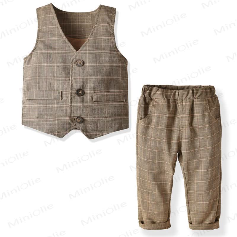 Toddler Boy Vintage Plaid Formal Set with Bow Tie - Vest&Pants 2-Piece - 6-7T - image 4