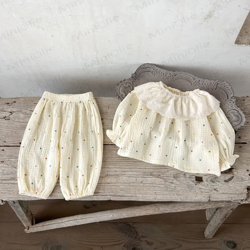 Toddler Baby Beige Print Long Sleeve Top and Pants 2-piece Set - Beige Dot - 2-3T - image 2