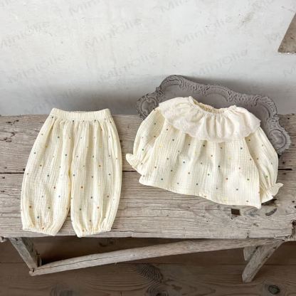 Toddler Baby Beige Print Long Sleeve Top and Pants 2-piece Set - Beige Dot - 2-3T - image 2
