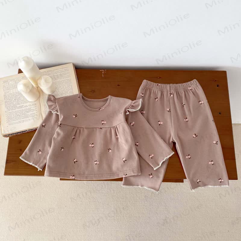 Baby Floral Ruffle Long Sleeve Top and Pants Pajama 2-piece Set - Brown - 18-24M - image 3