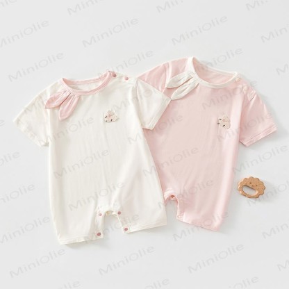 Baby Pink Bunny Ear Collar Short Sleeve Romper - image 1