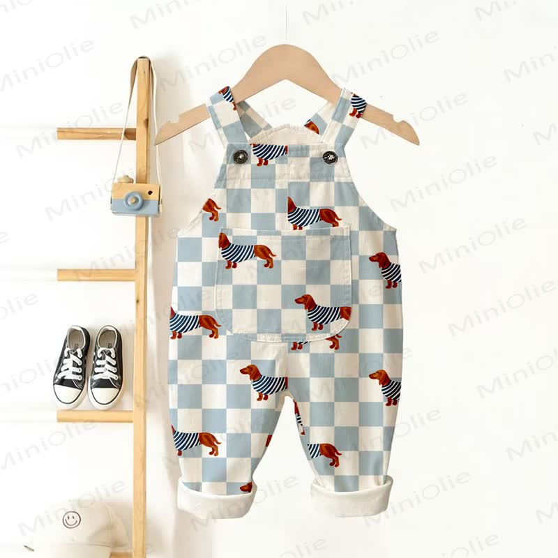 Baby Toddler Dachshund Checkerboard Print Overalls - Beige - 3-5T - image 1