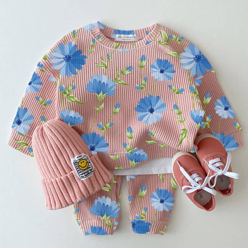 Baby Pink Blue Floral Print Waffle 2-piece Set - Pink - 2-3T - image 1