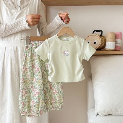 Toddler Girls Flower/Animal Print Tee and Pants 2-piece Set - Green - 8-9T - image 4