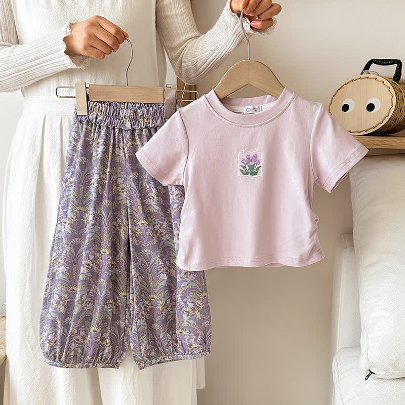 Toddler Girls Flower/Animal Print Tee and Pants 2-piece Set - Purple - 8-9T - image 3