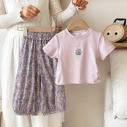 Toddler Girls Flower/Animal Print Tee and Pants 2-piece Set - Purple - 8-9T - image 3