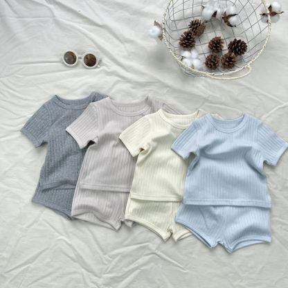 Baby Toddler Solid Color Ribbed Tee and Shorts 2-piece Set - image 1