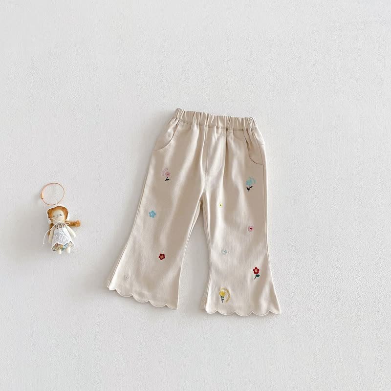 Baby Toddler Girl Floral Embroidered Scalloped Hem Pants - Beige - 4-5T - image 4