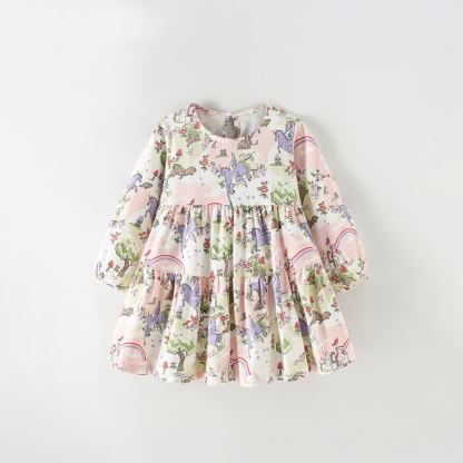 Toddler Girl Beige Unicorn Print Long Sleeve Dress - Beige - 10-11T - image 2