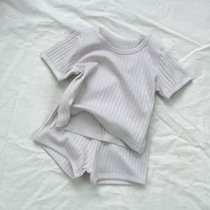Baby Toddler Solid Color Ribbed Tee and Shorts 2-piece Set - Beige - 1.5-2T - image 3