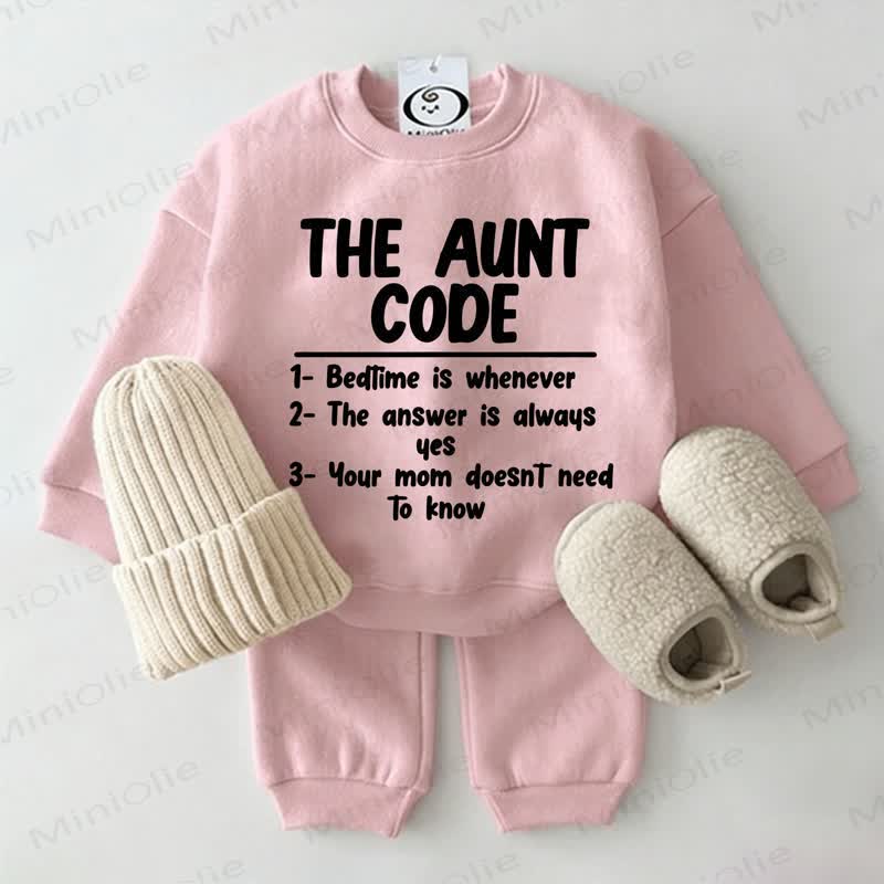 THE AUNT CODE 1- BEDTIME IS WHENEVER 2- THE ANSWER IS ALWAYS YES 3- YOUR MOM DOESN'T NEED TO KNOW Baby Sweatshirt 2-piece Pink Set - Pink - 2-3T - image 1