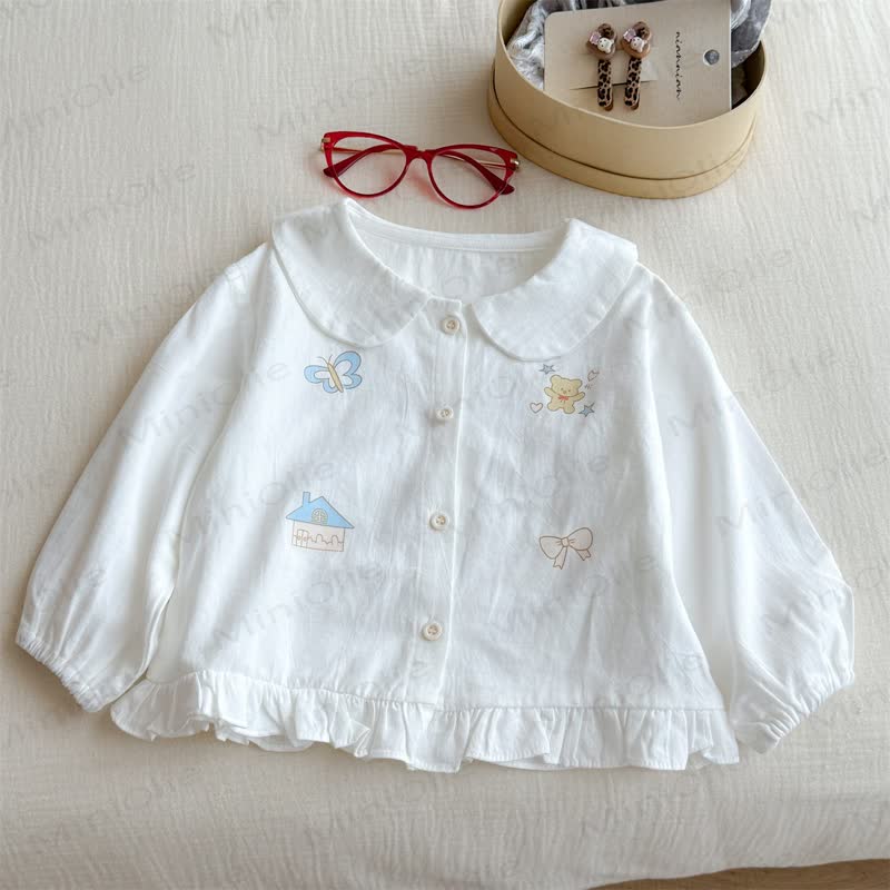 Toddler Girl Cartoon Print Peter Pan Collar Shirt - Beige - 8-9T - image 1