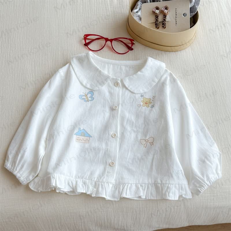 Toddler Girl Cartoon Print Peter Pan Collar Shirt - Beige - 8-9T - image 1