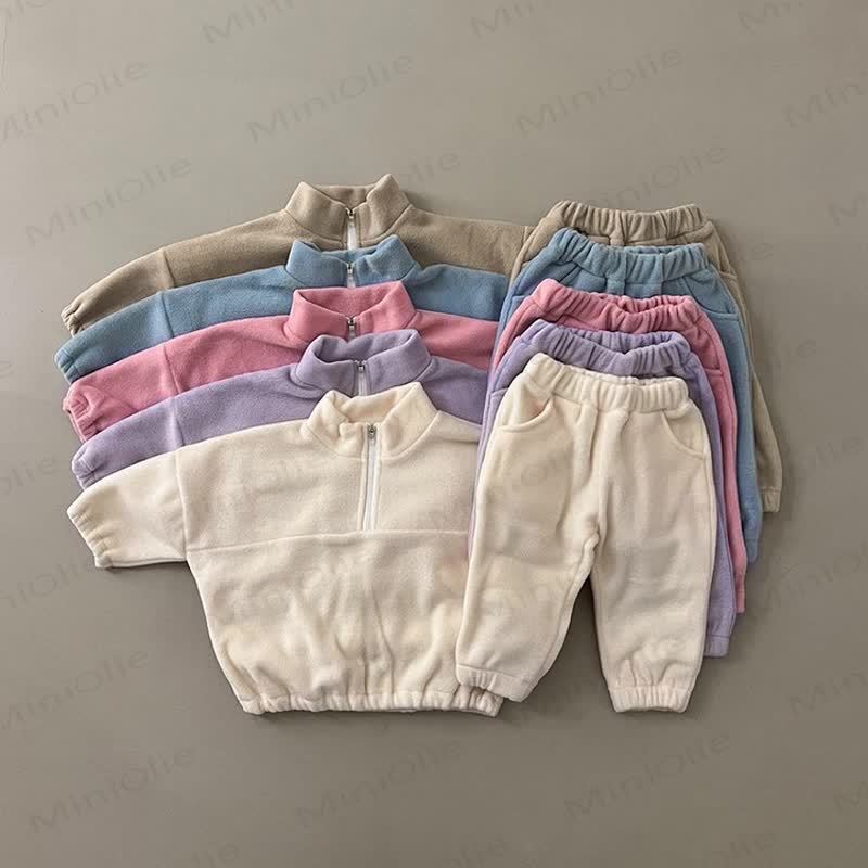 Toddler Baby Solid Color Half Zip Fleece Top and Pants 2-piece Set - image 1
