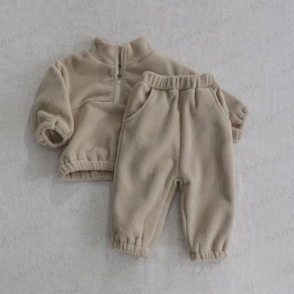 Toddler Baby Solid Color Half Zip Fleece Top and Pants 2-piece Set - Beige - 5-6Y - image 2