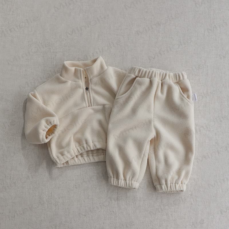 Toddler Baby Solid Color Half Zip Fleece Top and Pants 2-piece Set - Cream - 5-6Y - image 3