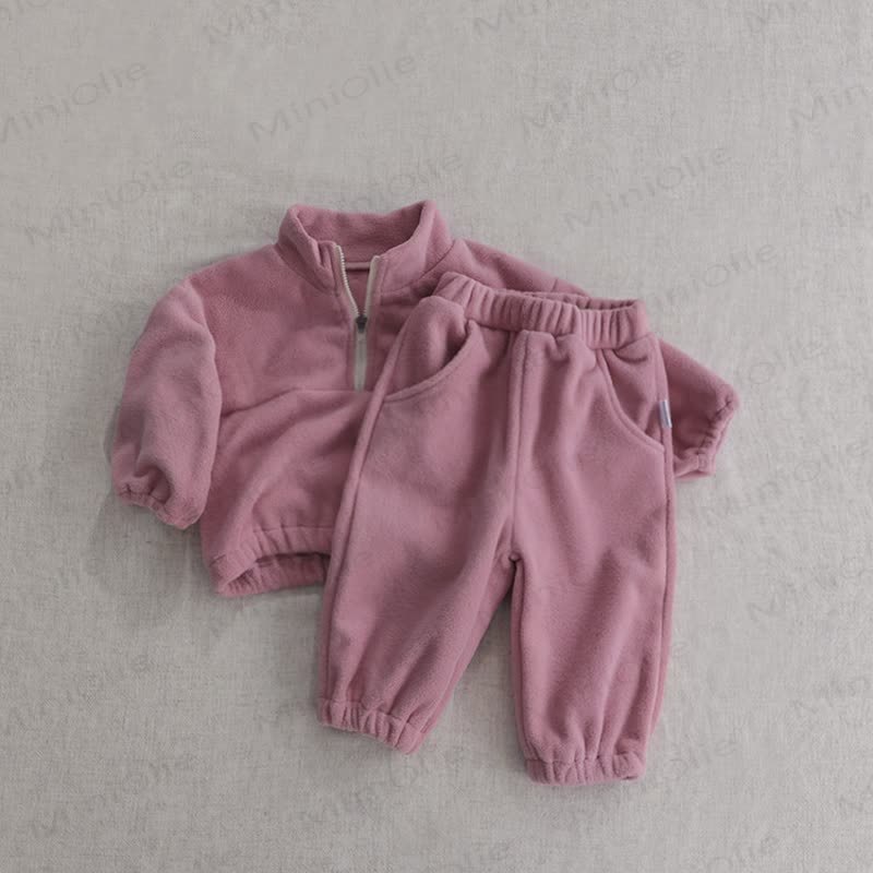 Toddler Baby Solid Color Half Zip Fleece Top and Pants 2-piece Set - Pink - 5-6Y - image 4