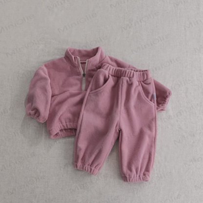 Toddler Baby Solid Color Half Zip Fleece Top and Pants 2-piece Set - Pink - 5-6Y - image 4
