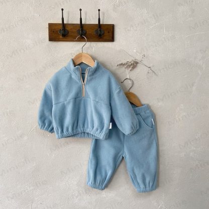 Toddler Baby Solid Color Half Zip Fleece Top and Pants 2-piece Set - Blue - 5-6Y - image 5
