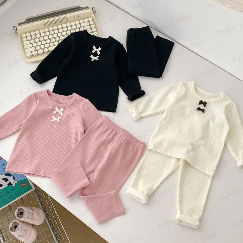 Baby Girl Bow Ribbed Long Sleeve Lounge Top and Pants 2-piece Set - image 1