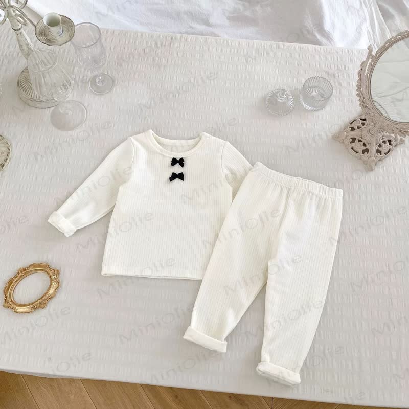 Baby Girl Bow Ribbed Long Sleeve Lounge Top and Pants 2-piece Set - White - 6-7T - image 2