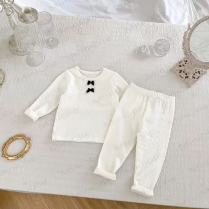 Baby Girl Bow Ribbed Long Sleeve Lounge Top and Pants 2-piece Set - White - 6-7T - image 2