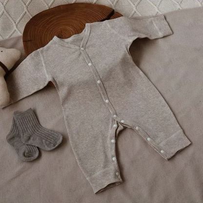 Baby Soft Ribbed Long Sleeve Snap Front Romper - Khaki - 12-18M - image 4