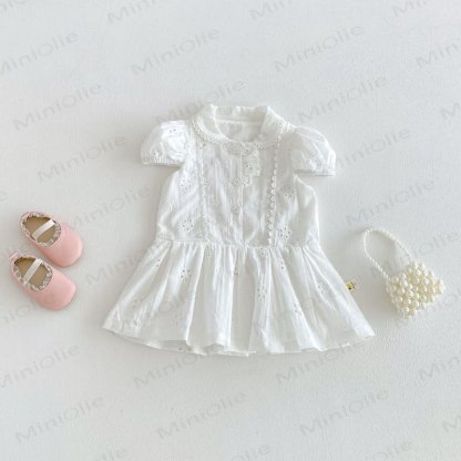 Baby Girl Vintage Hollow Puff Sleeve Dress - White - 4-5T - image 1