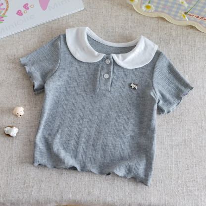 Toddler Ribbed Peter Pan Collar Short Sleeve T-Shirt - Gray - 6-7T - image 1
