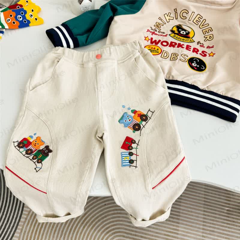 Toddler Boys Beige Playful Train Patch Elastic Waist Pants - image 1