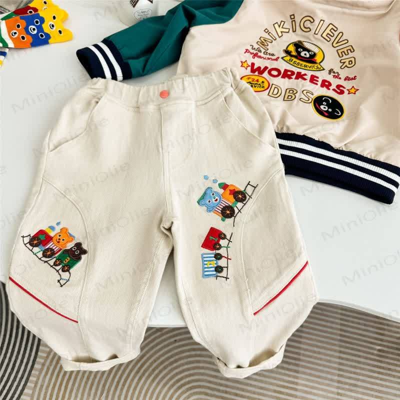 Toddler Boys Beige Playful Train Patch Elastic Waist Pants - image 1